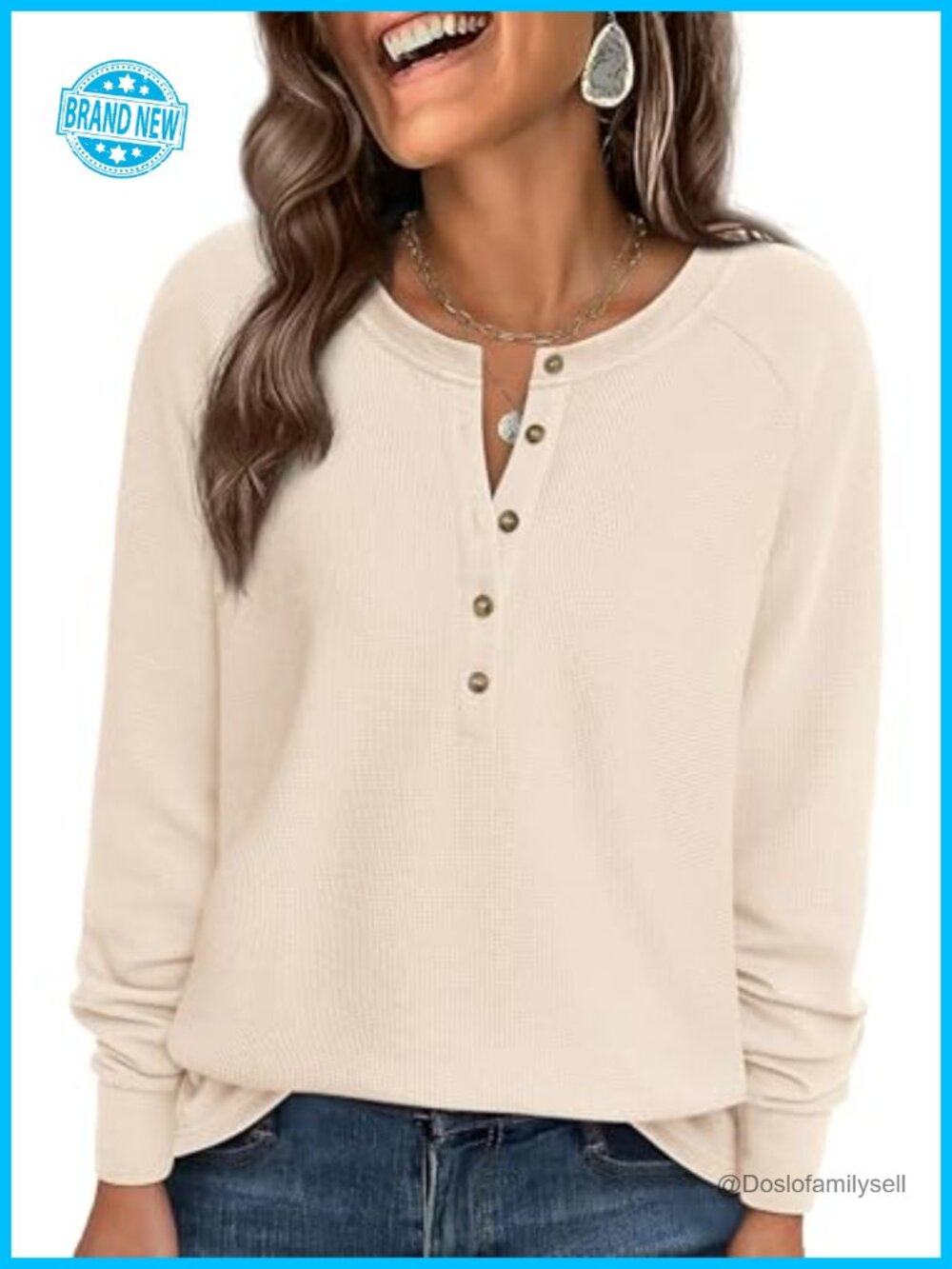 Waffle Knit Long Sleeve Henley Tunic Top Relaxed Fit